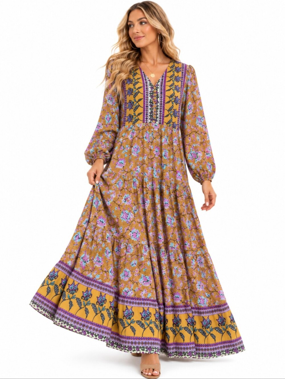 R. Vivimos Mustard Floral Maxi Dress Festival Bohemian Peasant NWOT Sz M